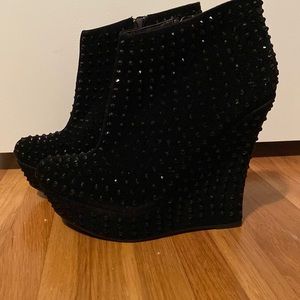 SHIEKH Black RHINESTONE Stud WEDGE Ankle BOOTIES